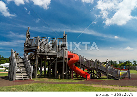 越後丘陵公園 木造遊具 新潟県 長岡市の写真素材