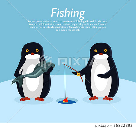 Fishing Banner. Penguin Animals on Fish. Vector 26822892