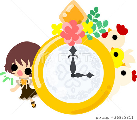 時計と女の子とニワトリのイラスト素材