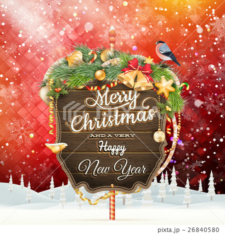 Wooden banner with Christmas Fir-tree branches. 26840580