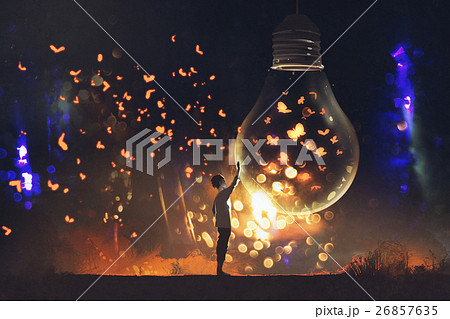 man and big bulb with glowing butterflies inside 26857635