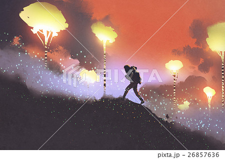 hiker travelling in fantasy forest in mountain hiker travelling in fantasy forest in mountain 26857636