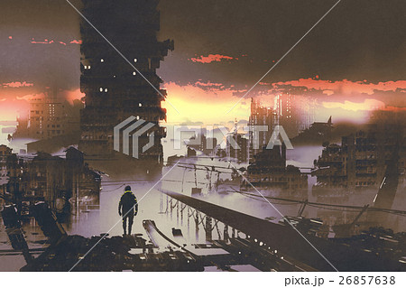man standing in abandoned city,sci-fi concept 26857638