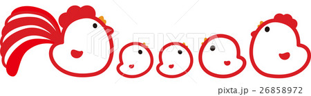 年賀2017　にわとり親子五羽　酉年　紅白しっぽ　ひよこ双子 26858972