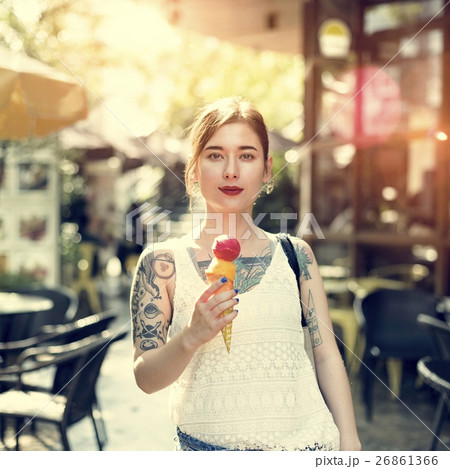 Woman Holding Icecream Outdoors Relaxation Casual Concept 26861366