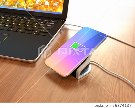 ワイヤレス充電器に充電中のスマートフォン 充電器がノートパソコンと接続している のイラスト素材