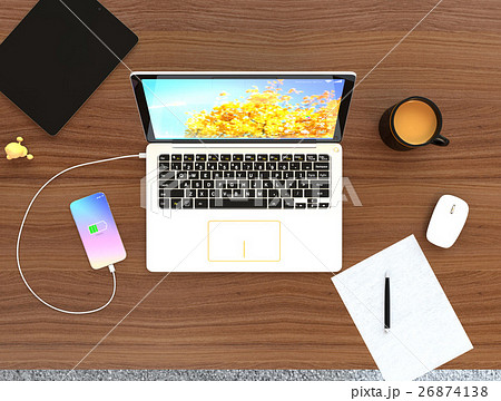 デスクの上にあるノートパソコン スマートフォン デジタルタブレット ビジネスシーンのイメージ のイラスト素材