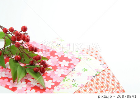 正月イメージ　年賀素材　白バック　花柄　南天　 26878841