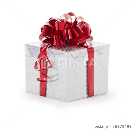 Single silver gift box with red ribbon on white Single silver gift box with red ribbon on white 26879493