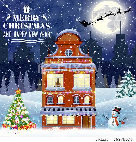 merry christmas night illustration city houses merry christmas night illustration city houses 26879679