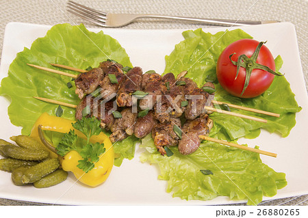 Chicken hearts on skewers with vegetables Chicken hearts on skewers with vegetables 26880265