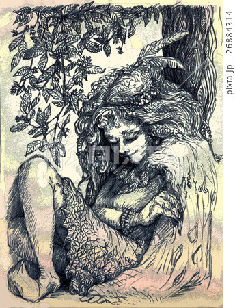 drawing of sleeping fairy forest girl under a tree 26884314