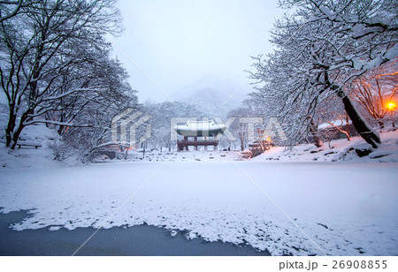 Baekyangsa Temple and falling snow. Baekyangsa Temple and falling snow. 26908855