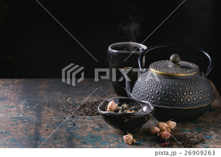 Variety of dry tea with teapot Variety of dry tea with teapot 26909263