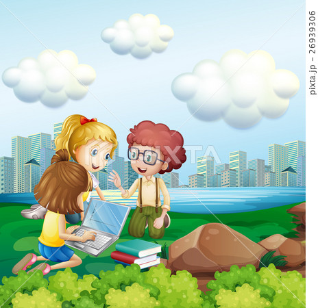 Three kids working on computer in the park 26939306