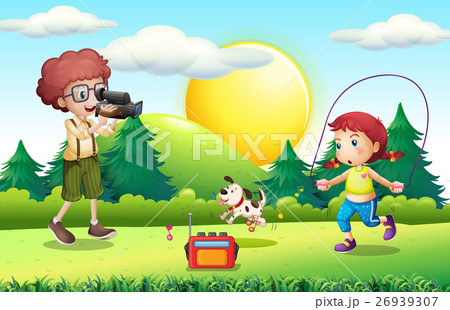 Boy shooting little girl doing jump rope 26939307