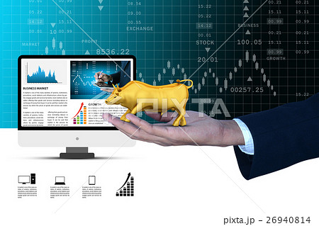 Man hand showing the stock market bull 26940814