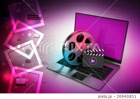Laptop with reel wheel and clap board Laptop with reel wheel and clap board 26940851