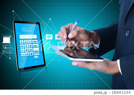 Man hand showing Tablet pc with password Man hand showing Tablet pc with password 26941334
