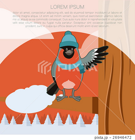 Happy Bullfinch with Hat on the winter background Happy Bullfinch with Hat on the winter background 26946472