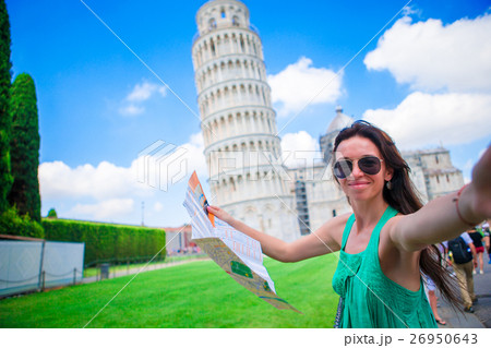 Young happy girl taking selfie background famous 26950643