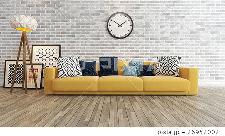 living room with big watch on white brick wall living room with big watch on white brick wall 26952002