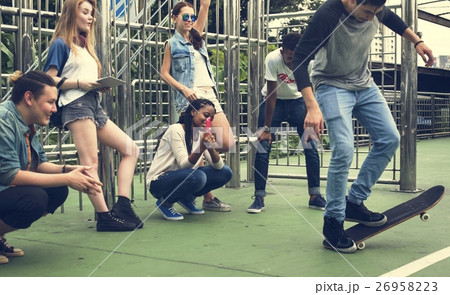 Diverse Group People Skateboard Park Concept Diverse Group People Skateboard Park Concept 26958223