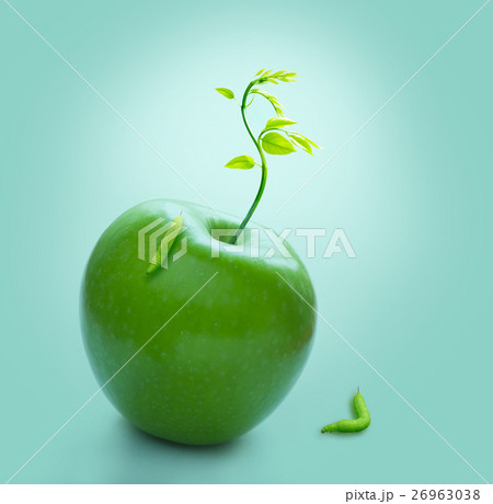 Green apple with worm on blue blackground Green apple with worm on blue blackground 26963038