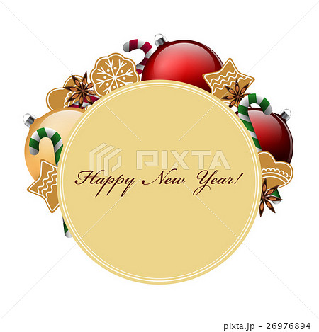 New Year tag. Ball, candy, ginger cookies, anise 26976894