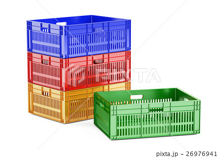 stack colored plastic crates, 3D rendering stack colored plastic crates, 3D rendering 26976941