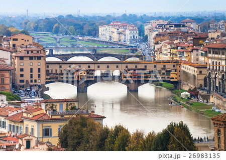 above view of ponte vecchio on Arno River above view of ponte vecchio on Arno River 26983135