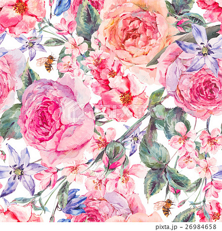 Watercolor spring seamless border with english 26984658