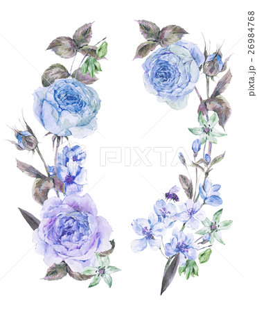 Watercolor spring round wreath with blue roses 26984768