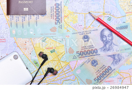 Vietnam and US dollar currency on travel map 26984947