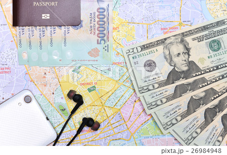 Vietnam and US dollar currency on travel map 26984948
