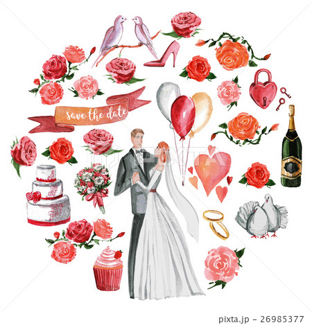 Watercolor wedding pattern Groom, bride, hearts Watercolor wedding pattern Groom, bride, hearts 26985377