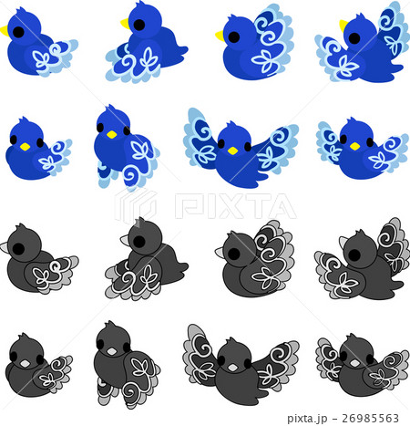 不思議な模様の可愛い青の小鳥達のイラストのイラスト素材
