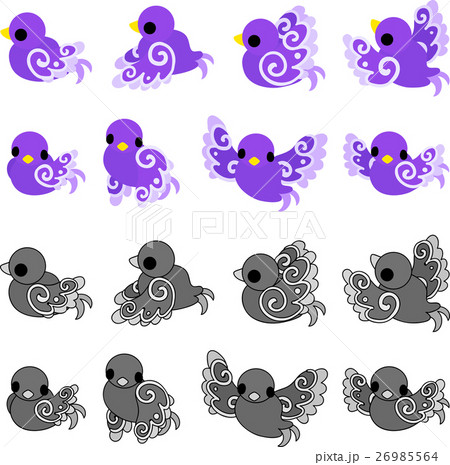 不思議な模様の可愛い紫の小鳥達のイラストのイラスト素材