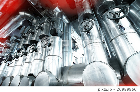 Steel pipelines and cables in blue tones Steel pipelines and cables in blue tones 26989966