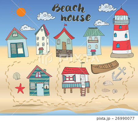 Beach Huts And Bungalows Hand Drawn Sketch Setのイラスト素材