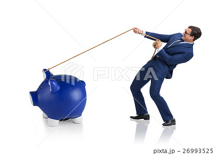 Businessman pulling piggybank with rope Businessman pulling piggybank with rope 26993525