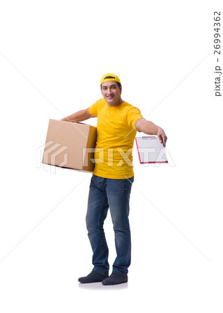 Funny delivery boy with box isolated on white Funny delivery boy with box isolated on white 26994362