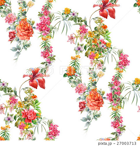 Watercolor painting of leaf and flowers pattern 27003713