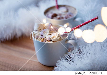 Two Cups of hot chocolate with murshmallows Two Cups of hot chocolate with murshmallows 27003819