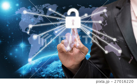 Businessman pointing or touching the key icon symbol on world map with Part of earth network line background, business connection concept,Elements of this image furnished by NASA 27016220