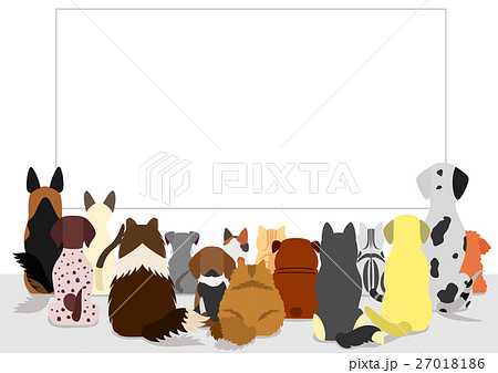 白いボードを眺める犬と猫の群れ 後ろ姿のイラスト素材