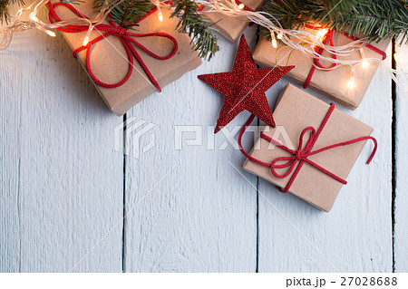 Presents, red stars, pine branch Presents, red stars, pine branch 27028688