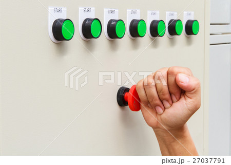Fist smash touch red emergency stop switch button. Fist smash touch red emergency stop switch button. 27037791