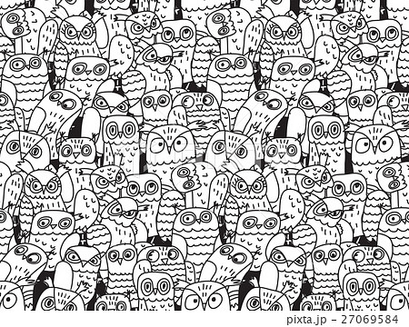 Owls Birds Group Black And White Seamless Pattern のイラスト素材