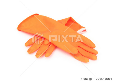 Orange color rubber gloves for cleaning on white 27073664